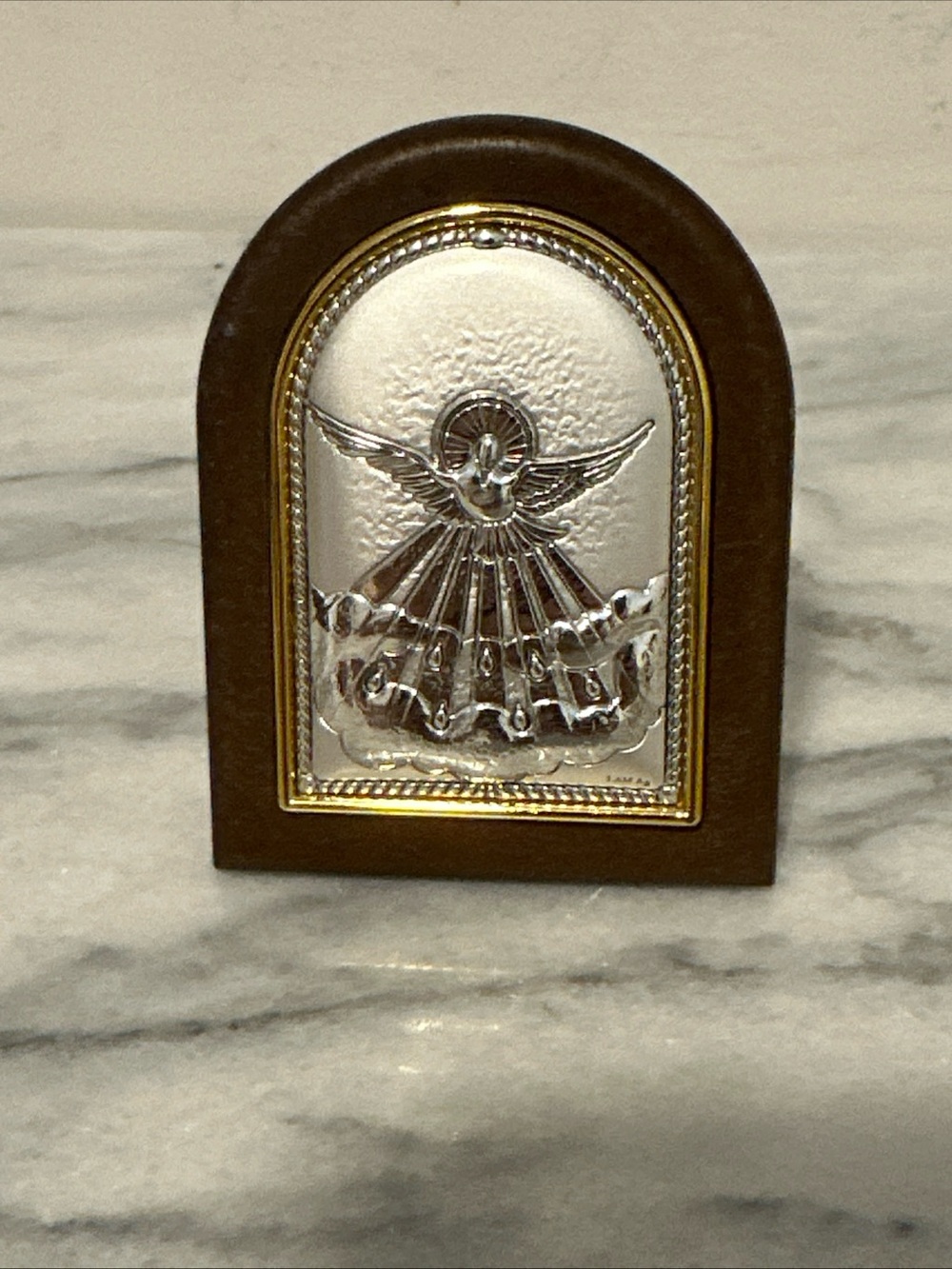 Holy Spirit sterling Silver Dove Arch Plaque in Brown Frame Italy